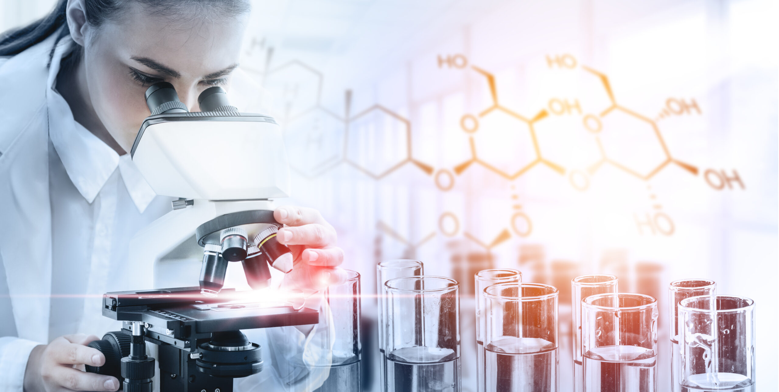 Research and development concept. Double exposure image of scientific and medical lab instrument, microscope, test tube and glass flask for microbiology and chemistry in laboratory for medicine study.